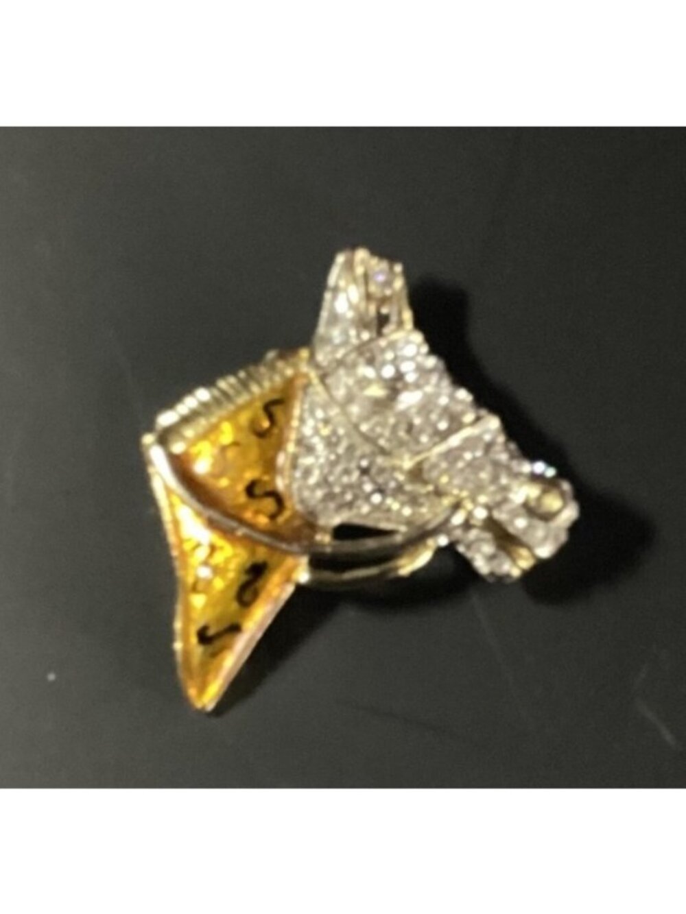 Gold Tone Pave Rhinestone and Gold Enamel Horse Head Brooch Pendant 3D